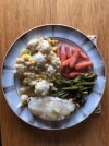 Cauliflower sweetcorn cheese and onion pie, pork chop, broccoli and carrots.jpg